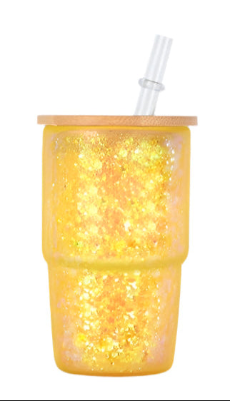 Vaso de chupito de cristal con forma de bola de nieve, tapa de bambú y pajita
